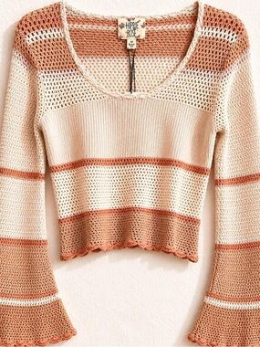 Hippie Rose Cream and Tan Striped Open-Knit Scoop Sweater
